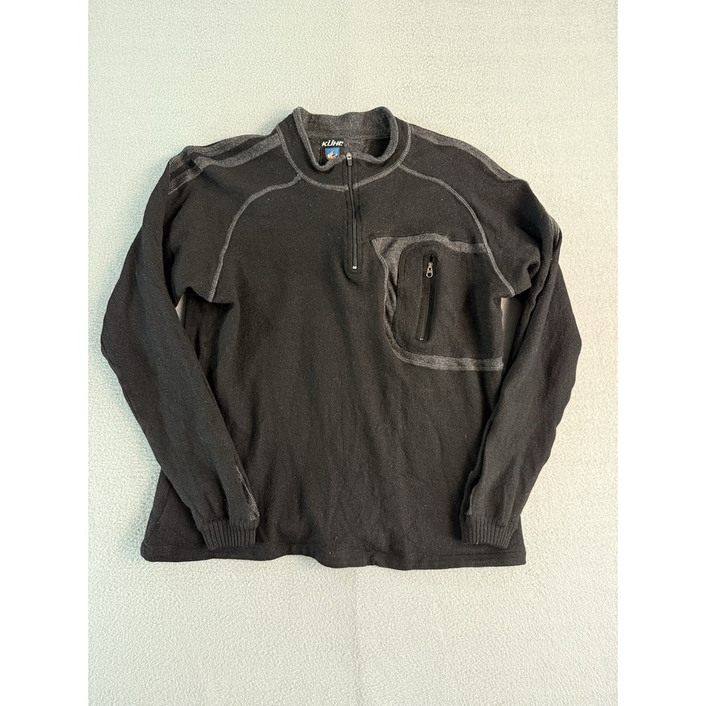 Kuhl Sweater Mens L Black Merino Wool 1/4 Zip Mock Neck Pullover Chest Pocket